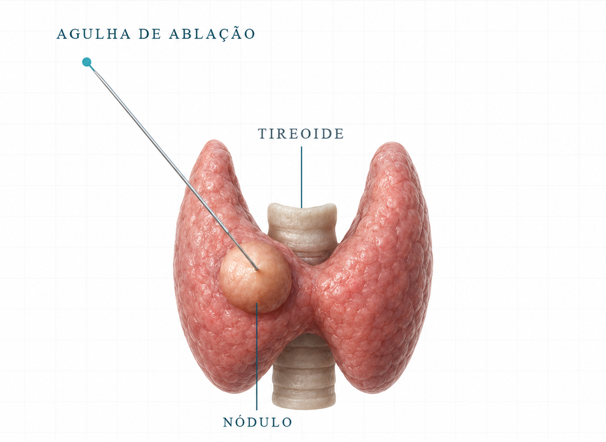 Ilustração da tireoide com nódulo e agulha de ablação guiada por ultrassom